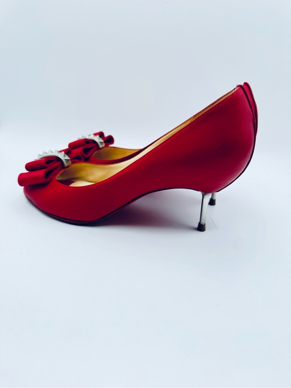 Christian Louboutin Red Leather Bow 70mm Studded Heels Pumps Size 38.5 - Picture 6 of 10